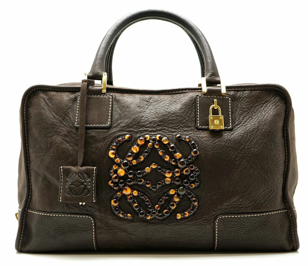 Loewe Amazona Leather Handbag Boston Brown Dark Marble